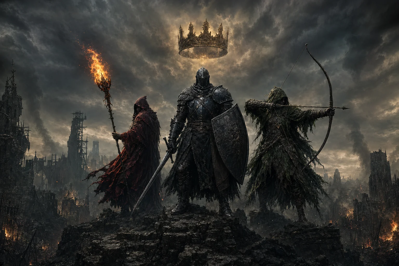 Three faction champions on a ruined battlefield